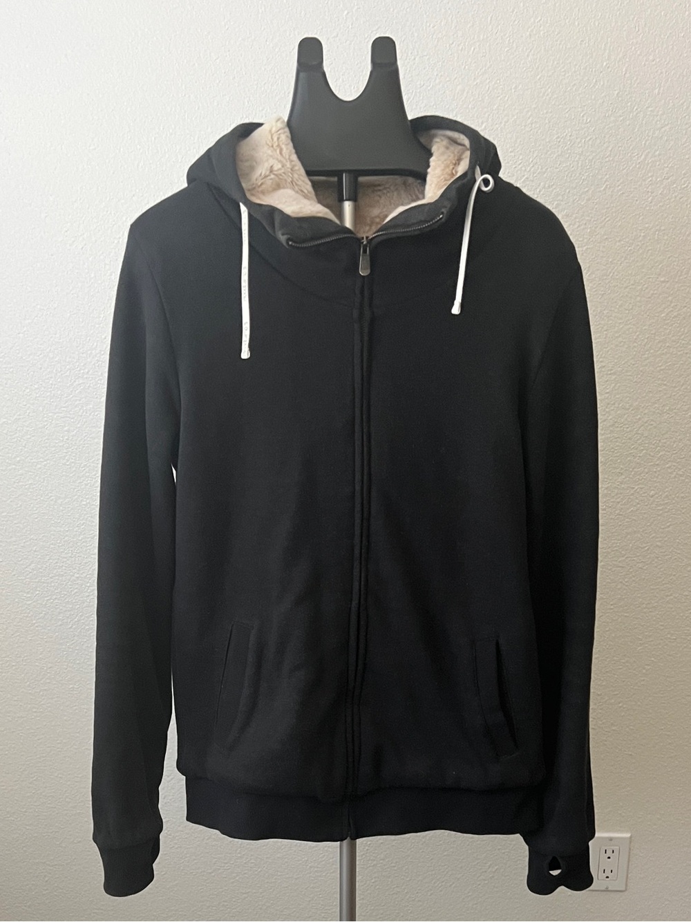 HoodLamb Hemp & Organic Cotton Hoodie Jacket | Faux Fur Lined | Black | Size L